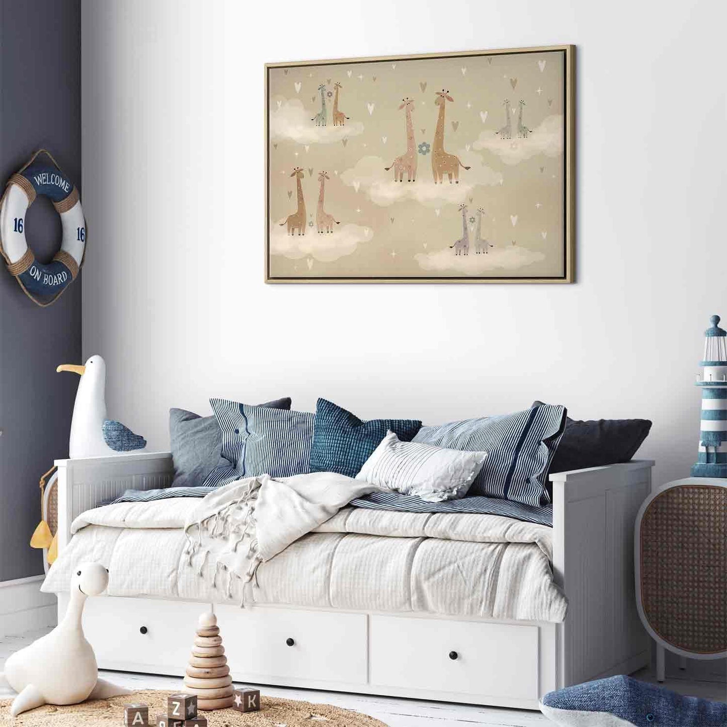 Leinwandbild - Love - Colorful Giraffes Floating on Clouds Among Hearts and Stars