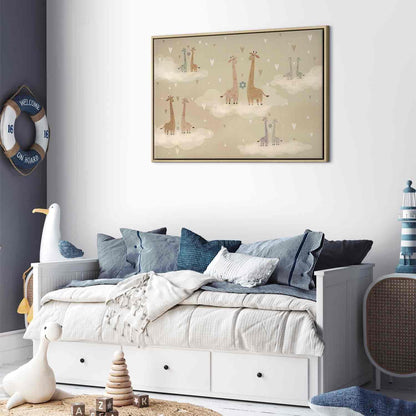 Leinwandbild - Love - Colorful Giraffes Floating on Clouds Among Hearts and Stars