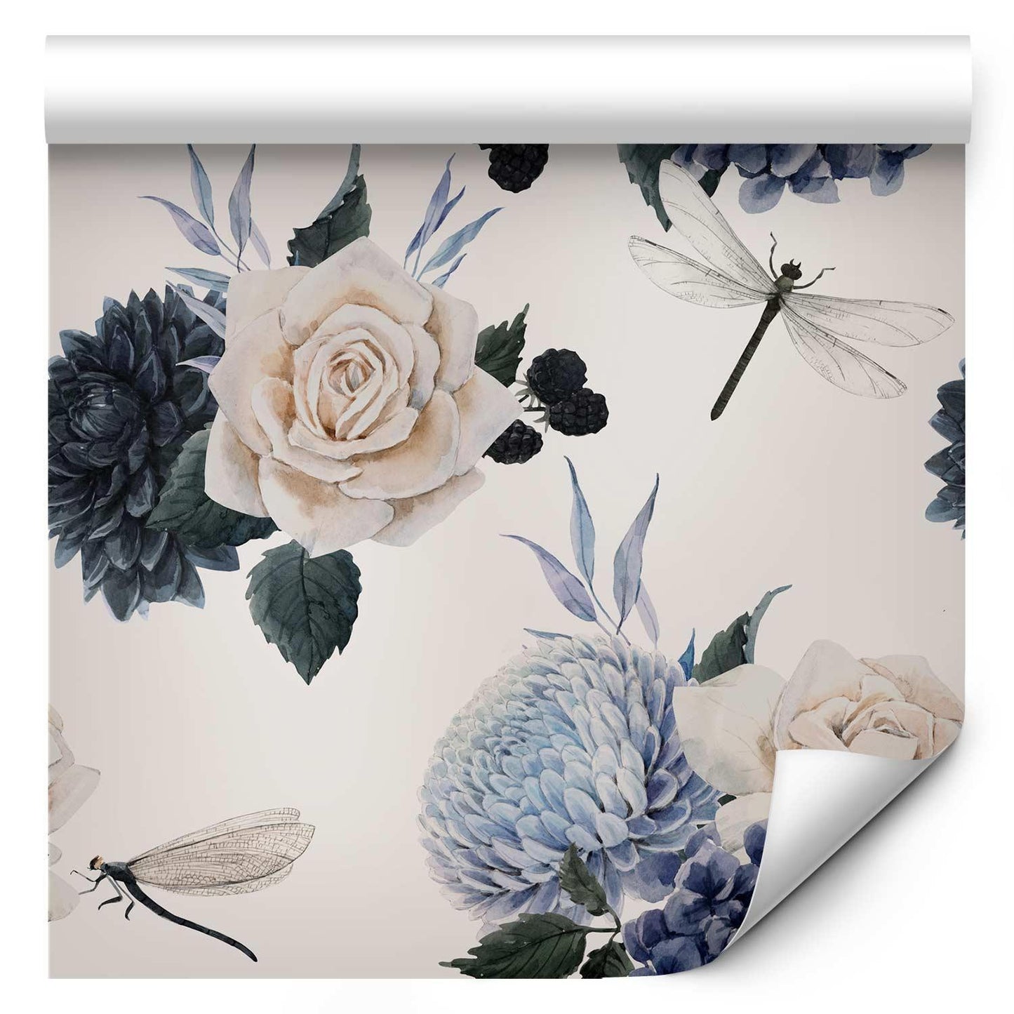 Tapete mit rosa Rosen und blauen Hortensien

