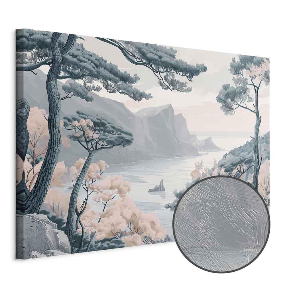 Leinwandbild - Mountainous Coast with Trees and Rocks in Light Pastel Blues