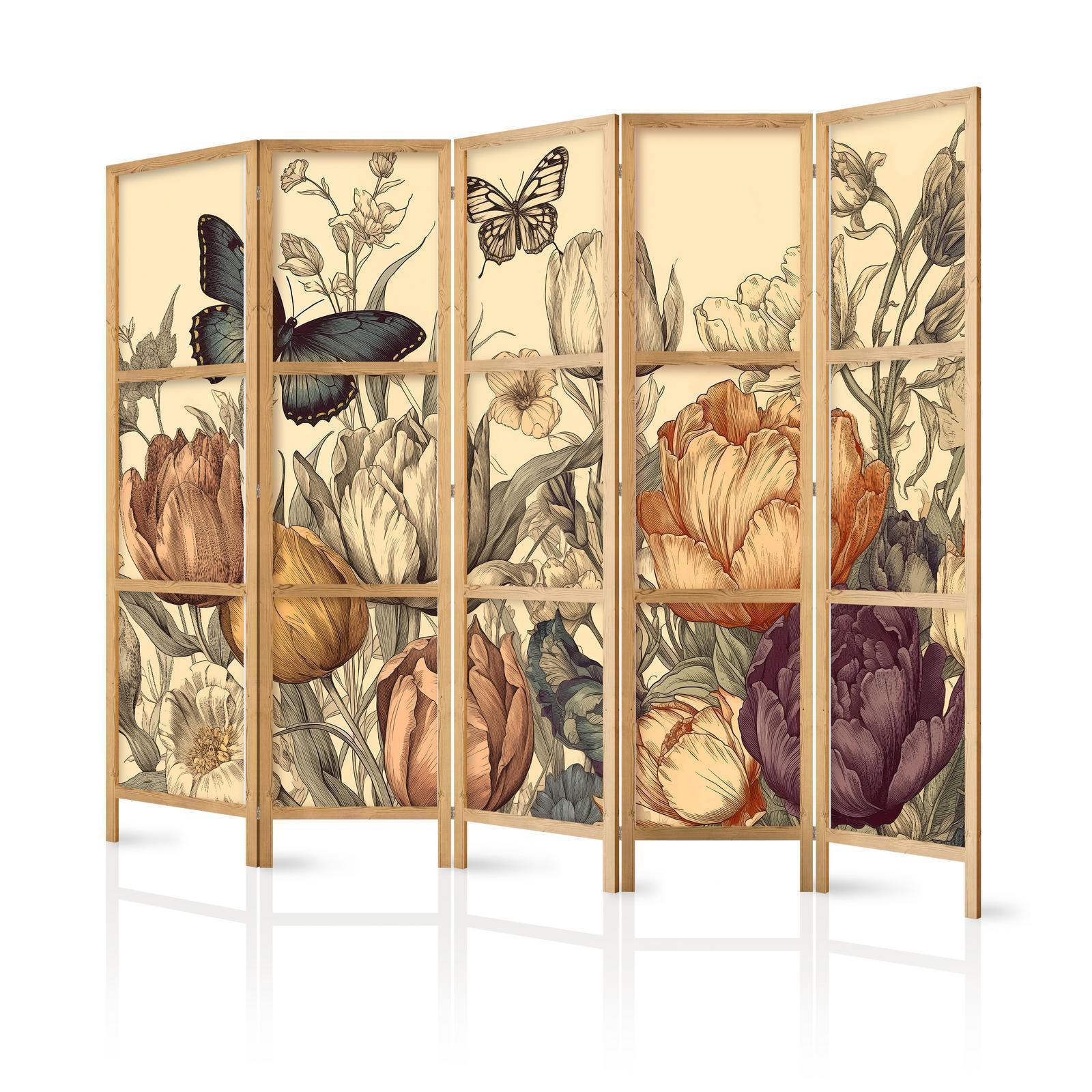 Japanischer Paravent - Tulips in Cream - Illustration of Flowers and Butterflies on a Light Background Artgeist