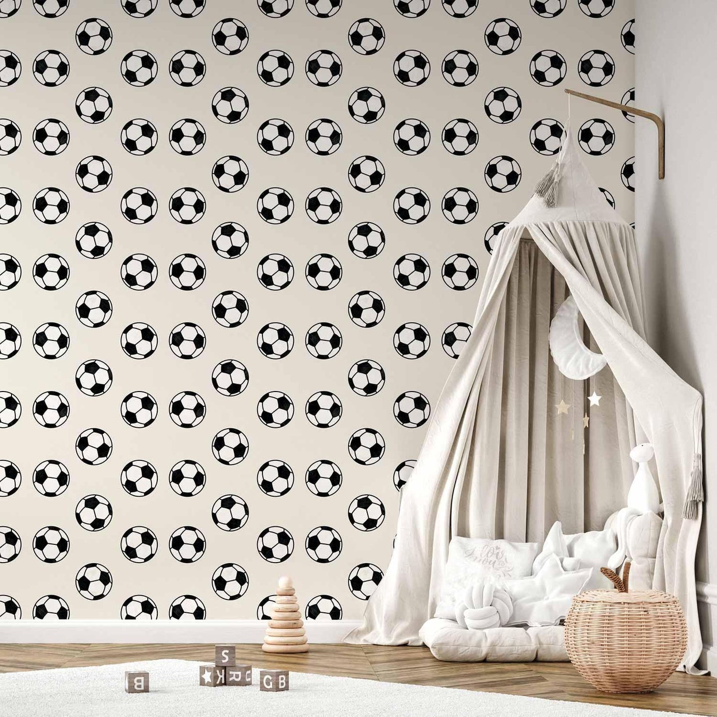 Tapete - Soccer - Symmetrical black-and-white soccer balls on a beige background