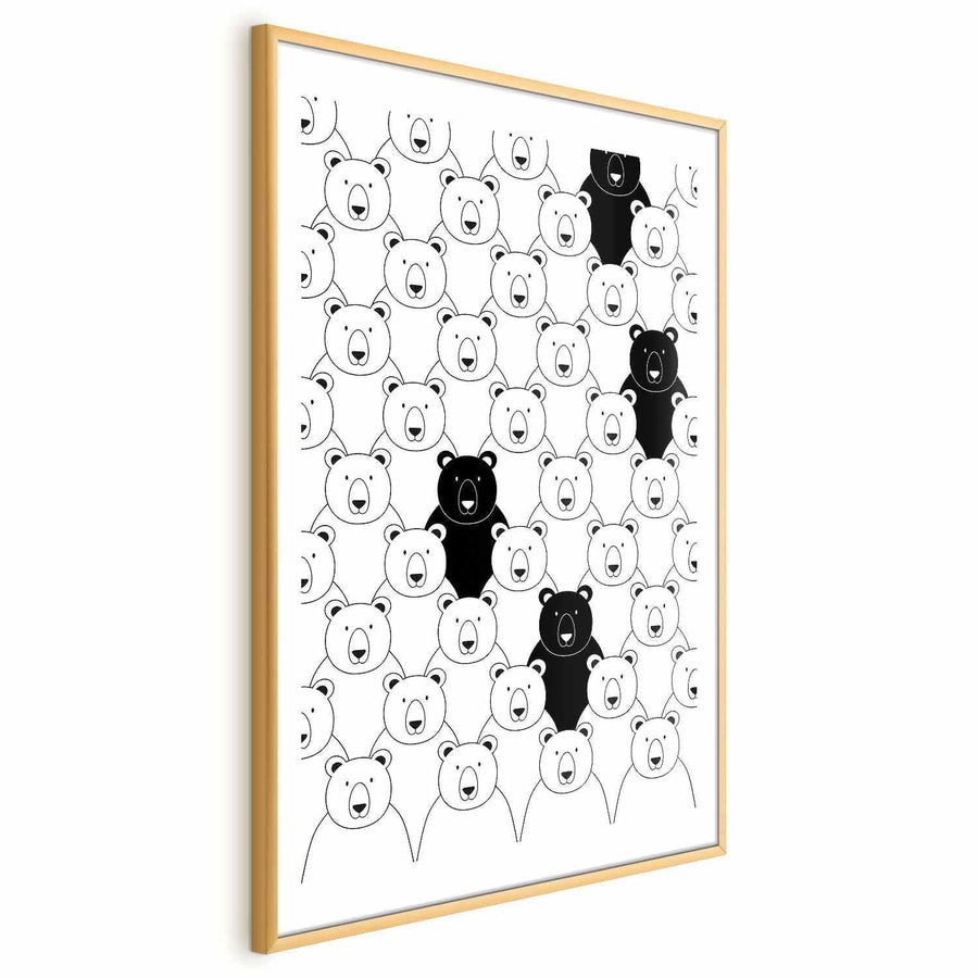 Poster - Stranger in the Flock with unique black and white bear design in a golden frame.