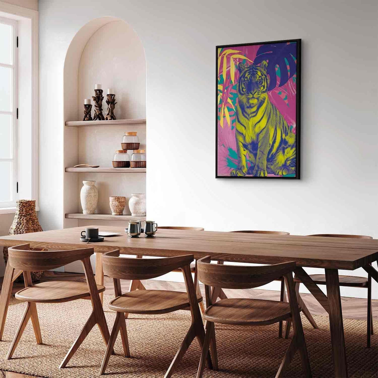 Leinwandbild - Colorful Tiger - Intense Colors of a Tiger Surrounded by Tropical Plants