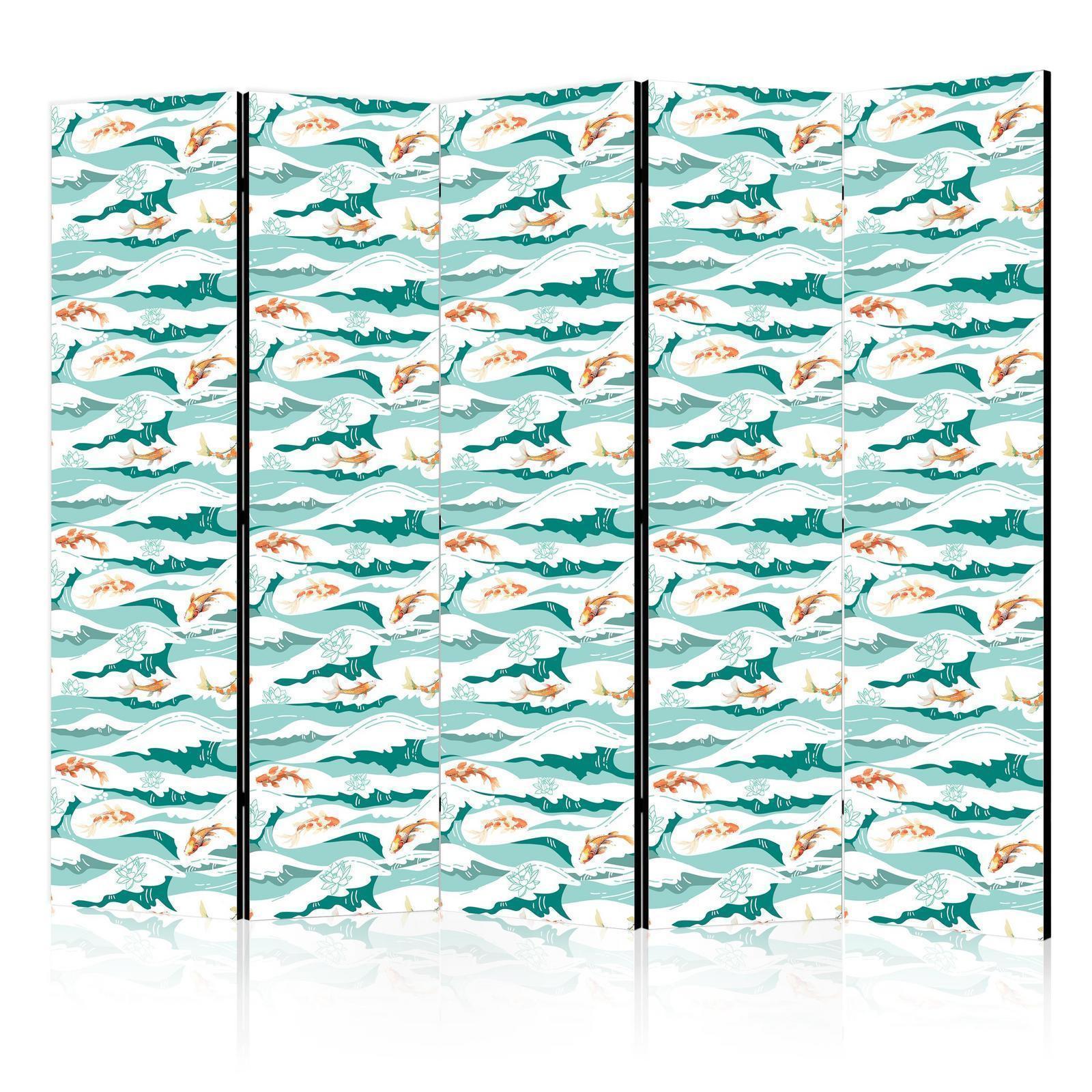 Paravent - Fish Jumping Above The Waves - Oriental Fish And Water Lilies Among High Waves in Shades of Sea Green Artgeist