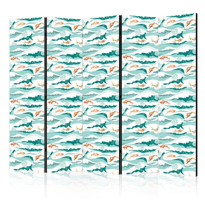 Paravent - Fish Jumping Above The Waves - Oriental Fish And Water Lilies Among High Waves in Shades of Sea Green Artgeist