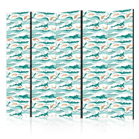 Paravent - Fish Jumping Above The Waves - Oriental Fish And Water Lilies Among High Waves in Shades of Sea Green Artgeist