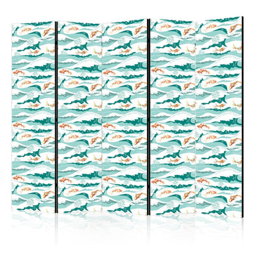Paravent - Fish Jumping Above The Waves - Oriental Fish And Water Lilies Among High Waves in Shades of Sea Green Artgeist