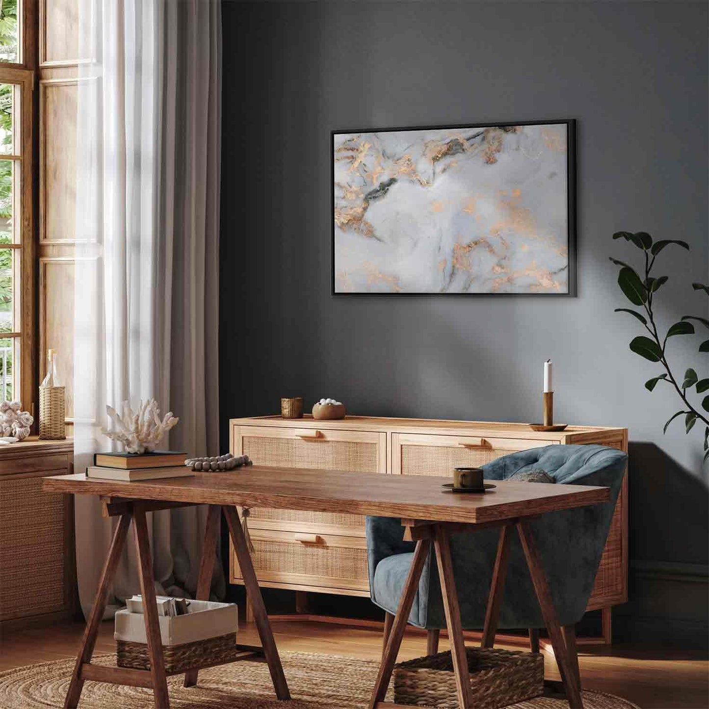 Leinwandbild - White stone – elegant marble with golden reflections