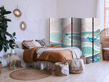 Paravent - Picturesque Landscape With Fish - Sunset And Koi Fish in Shades of Turquoise And Blue Floating Above The Water Artgeist