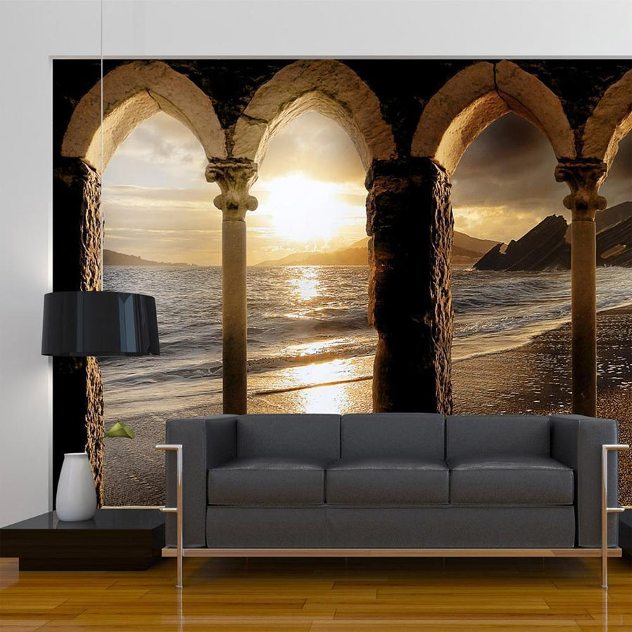 Fototapete „Schloss am Strand“ – Mystischer Ausblick auf Felsen & Meer