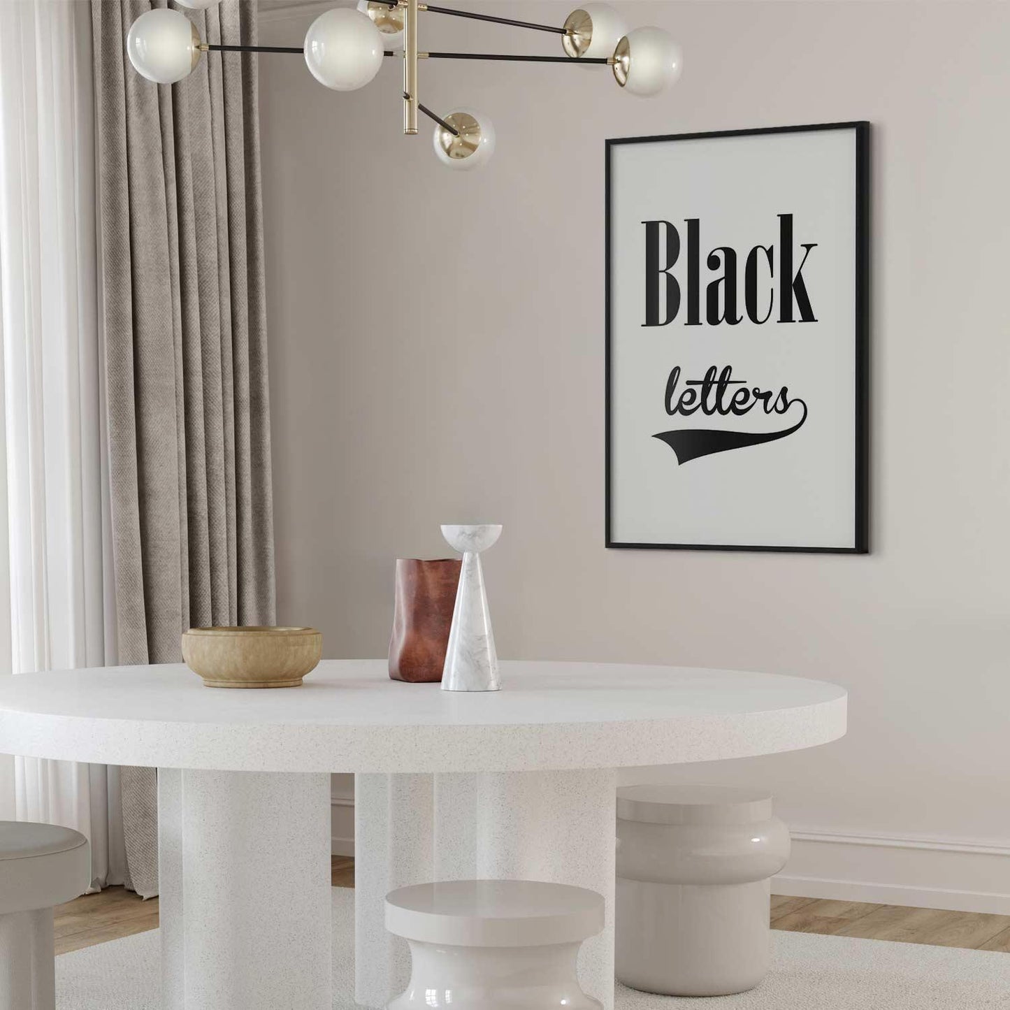 Poster with "Black Letters" in modern interior decor setting.