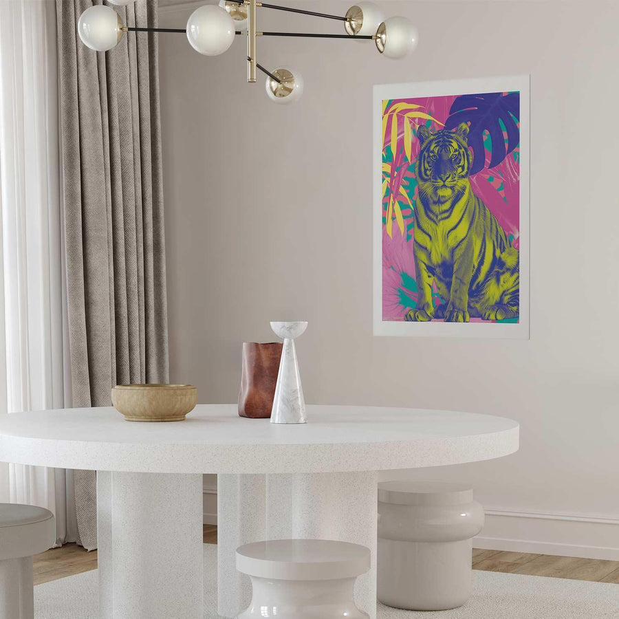 Poster - Colorful Tiger - intense colors of a tiger surrounded by tropical plants Artgeist