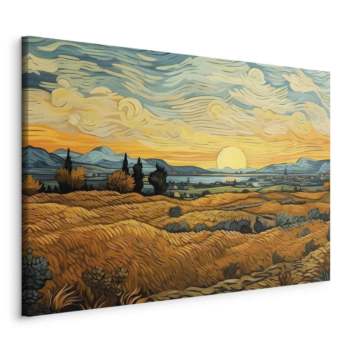 Leinwandbild - Impressionistic fields - painted golden landscape with fields of grain