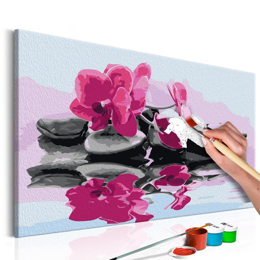 Wandbild zum Ausmalen Orchidee mit Zen-Steinen Dekoration - beruhigendes Zen-Motiv mit Wasserspiegelung als Wandschmuck
