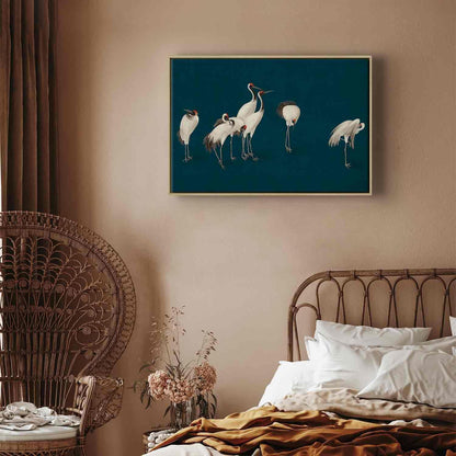 Leinwandbild - Evening by the pond - a group of cranes drawn in dry pastel on a dark turquoise background