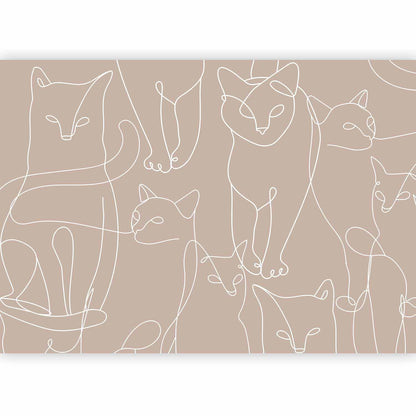 Fototapete - Cat lineart - minimalist sketches of white cats on beige background