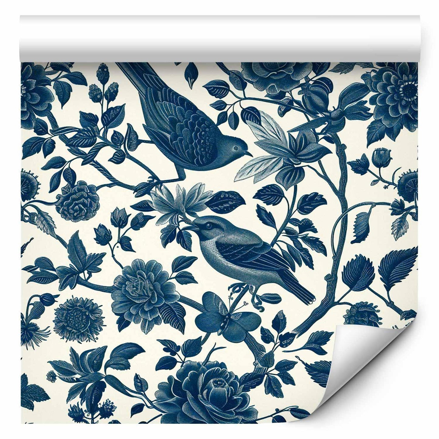 Tapete - Birds and roses - monochrome blue pattern with botanical motif