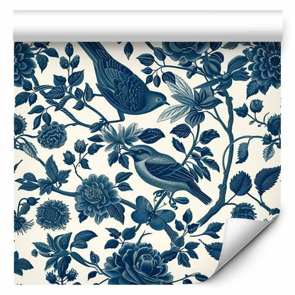 Tapete - Birds and roses - monochrome blue pattern with botanical motif