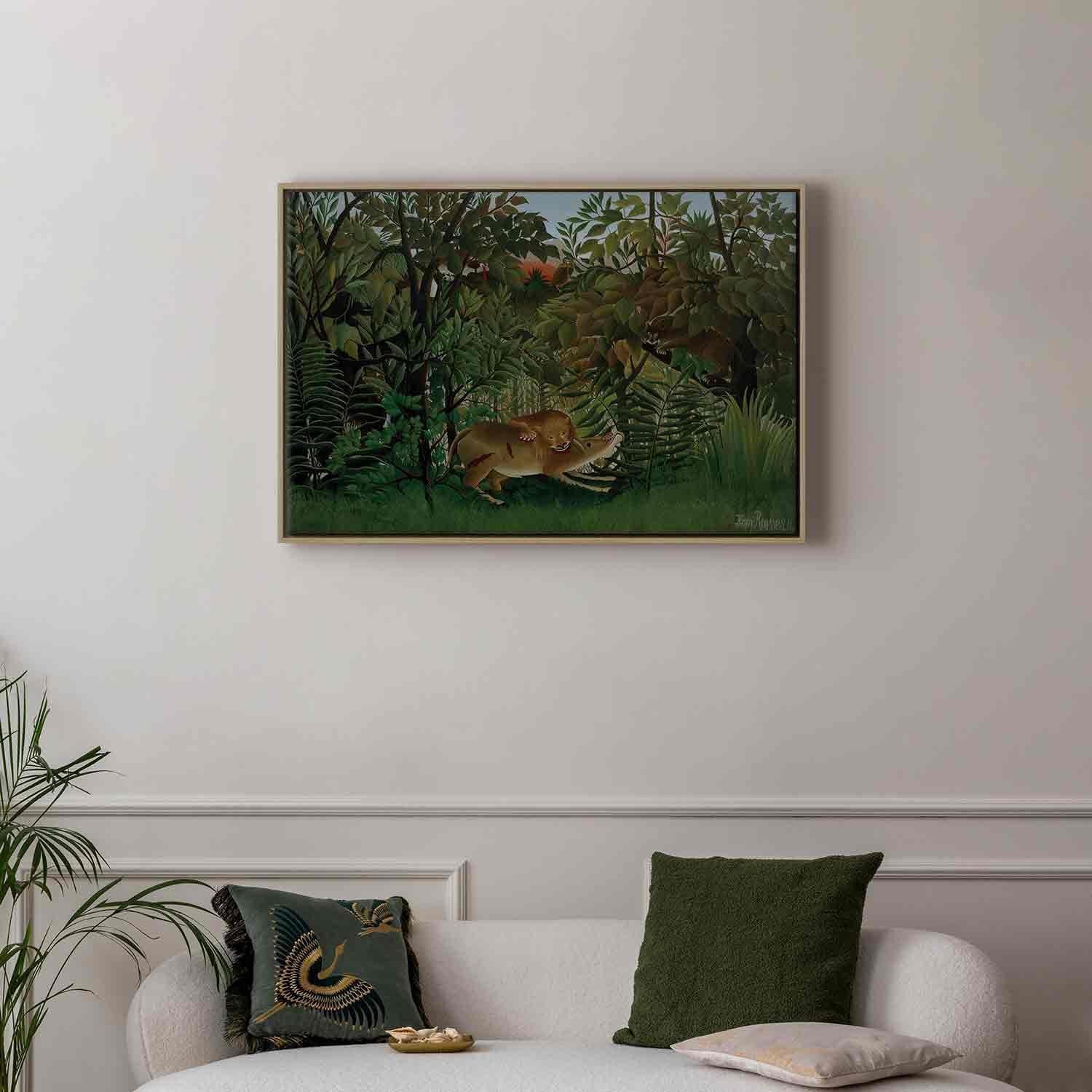Leinwandbild - Le Lion ayant faim se jette sur l'Antilope (Henri Rousseau) Artgeist