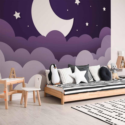 Fototapete - Moon dream - clouds in a purple sky with stars for children