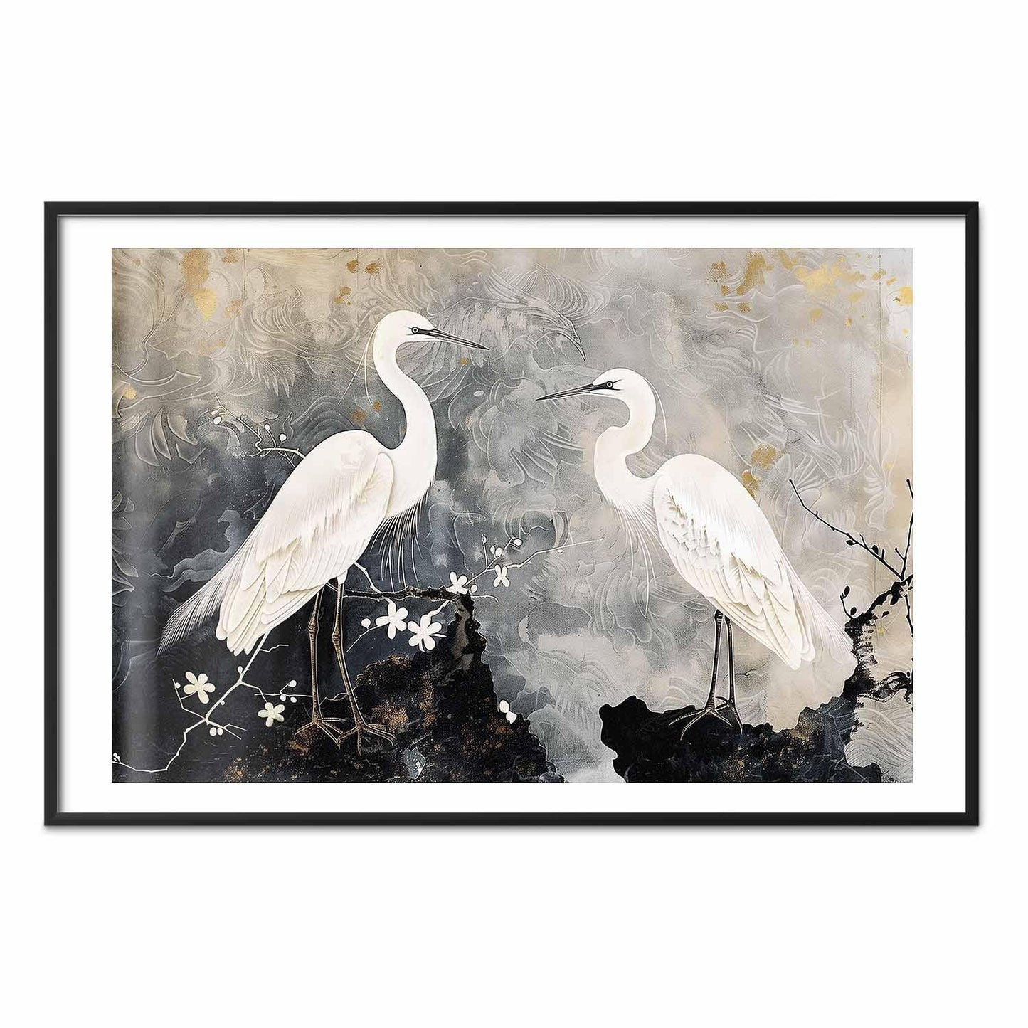 Poster - Herons and Cherry Blossom - oriental-style illustration depicting birds