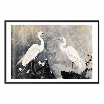 Poster - Herons and Cherry Blossom - oriental-style illustration depicting birds