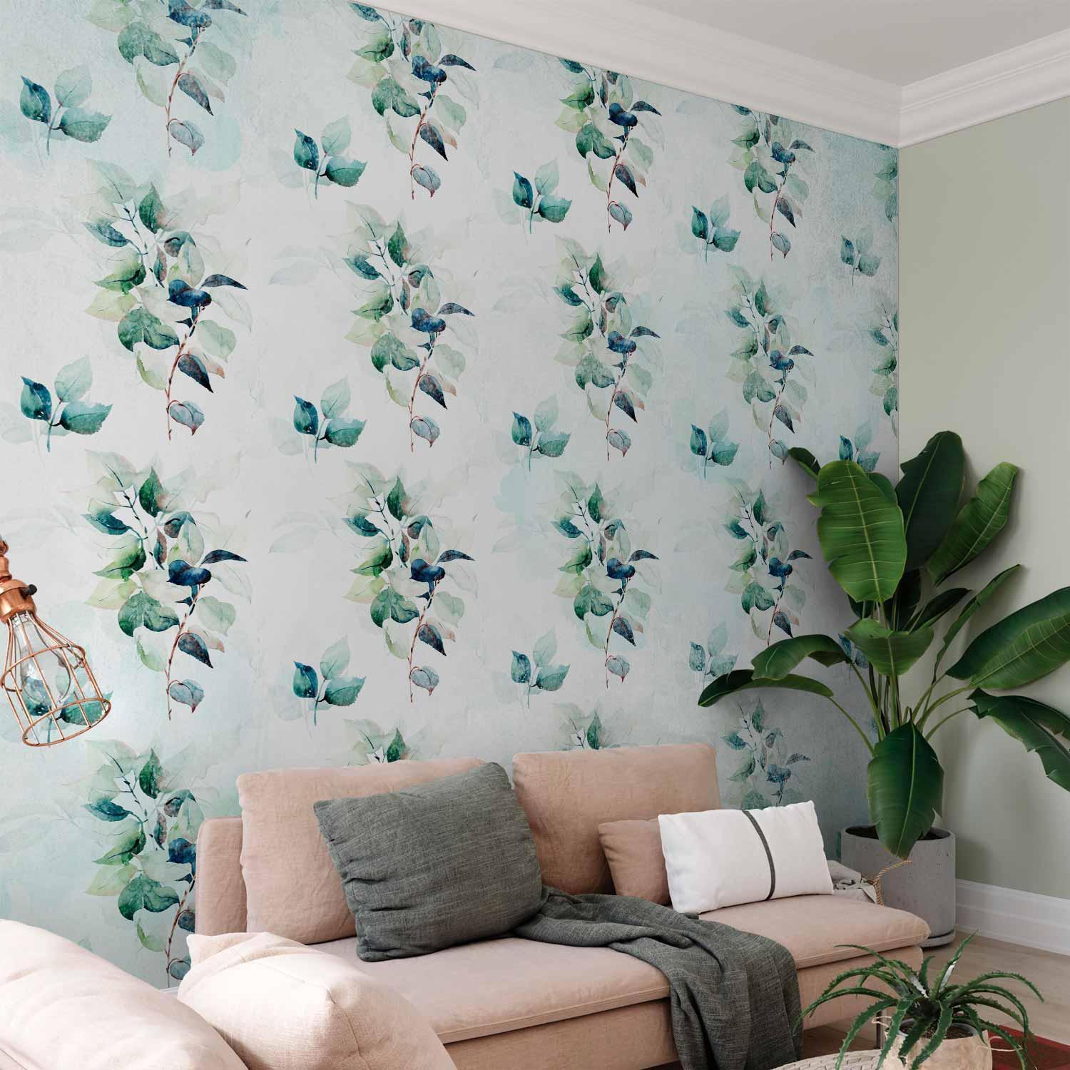 Fototapete - Mint nature - uniform pattern in floral motif with green leaves Artgeist
