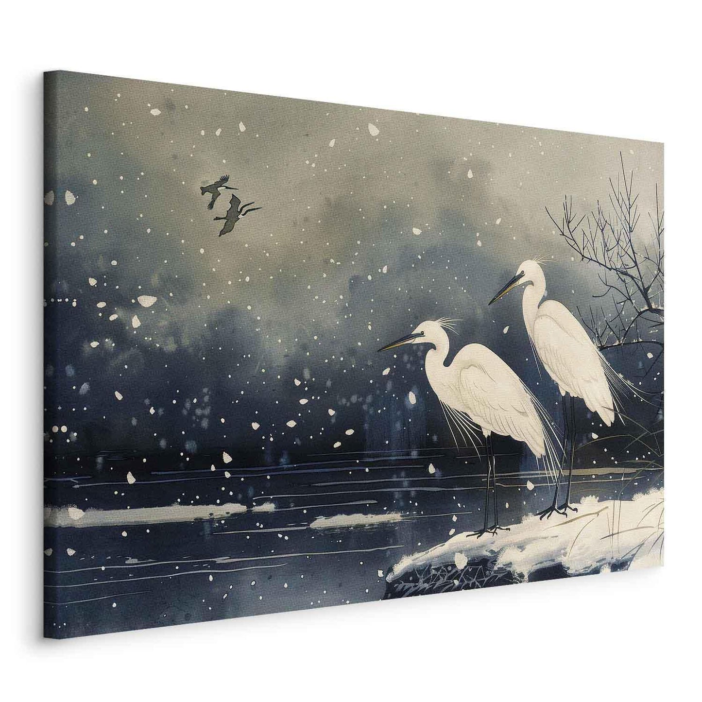 Leinwandbild - Herons over a winter pond - Japanese-style illustration in dark colours