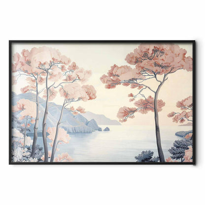 Poster - Ocean Cliffs and Trees Delicate Motif in Pastel Colors