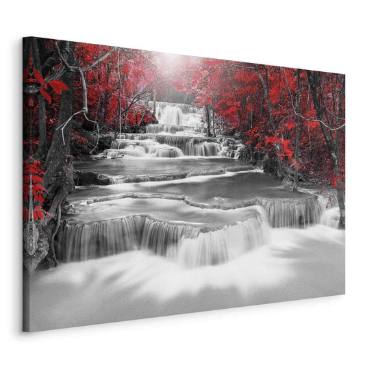 Abstraktes Leinwandbild mit rotem Wasserfall-Motiv - Rote Gedankenkaskade Wanddekoration