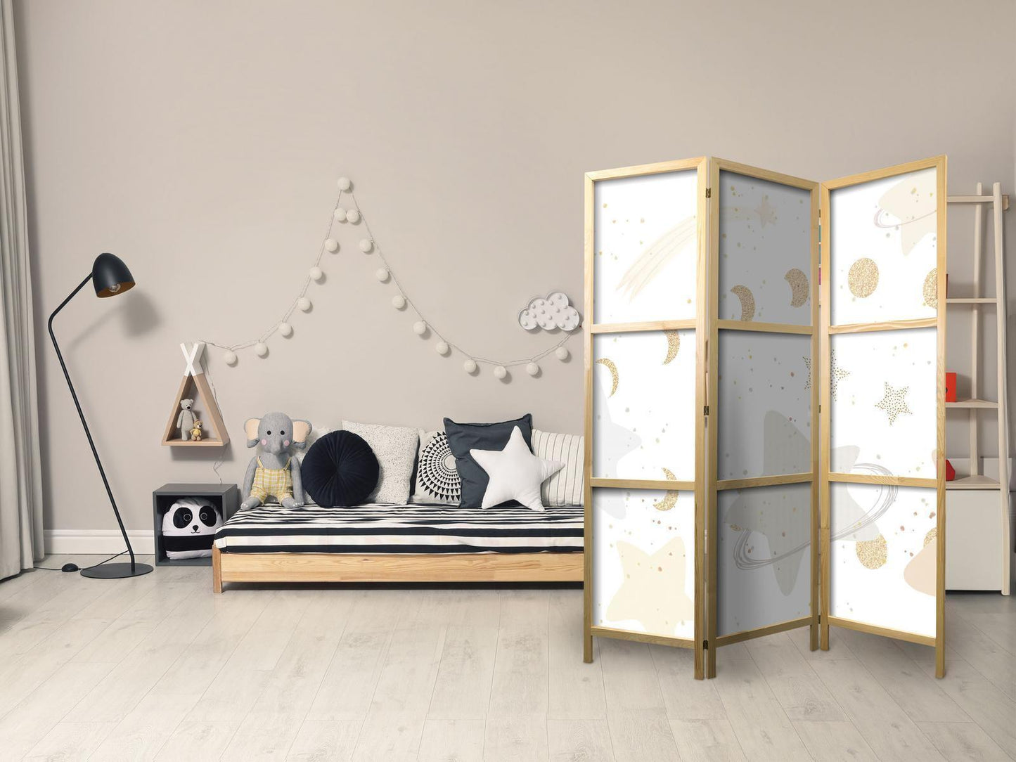 Japanischer Paravent - Fairy-Tale Galaxy - Moon Phases in Shades of Yellow Among Stars in Beige and Ash Colors with Stardust Artgeist