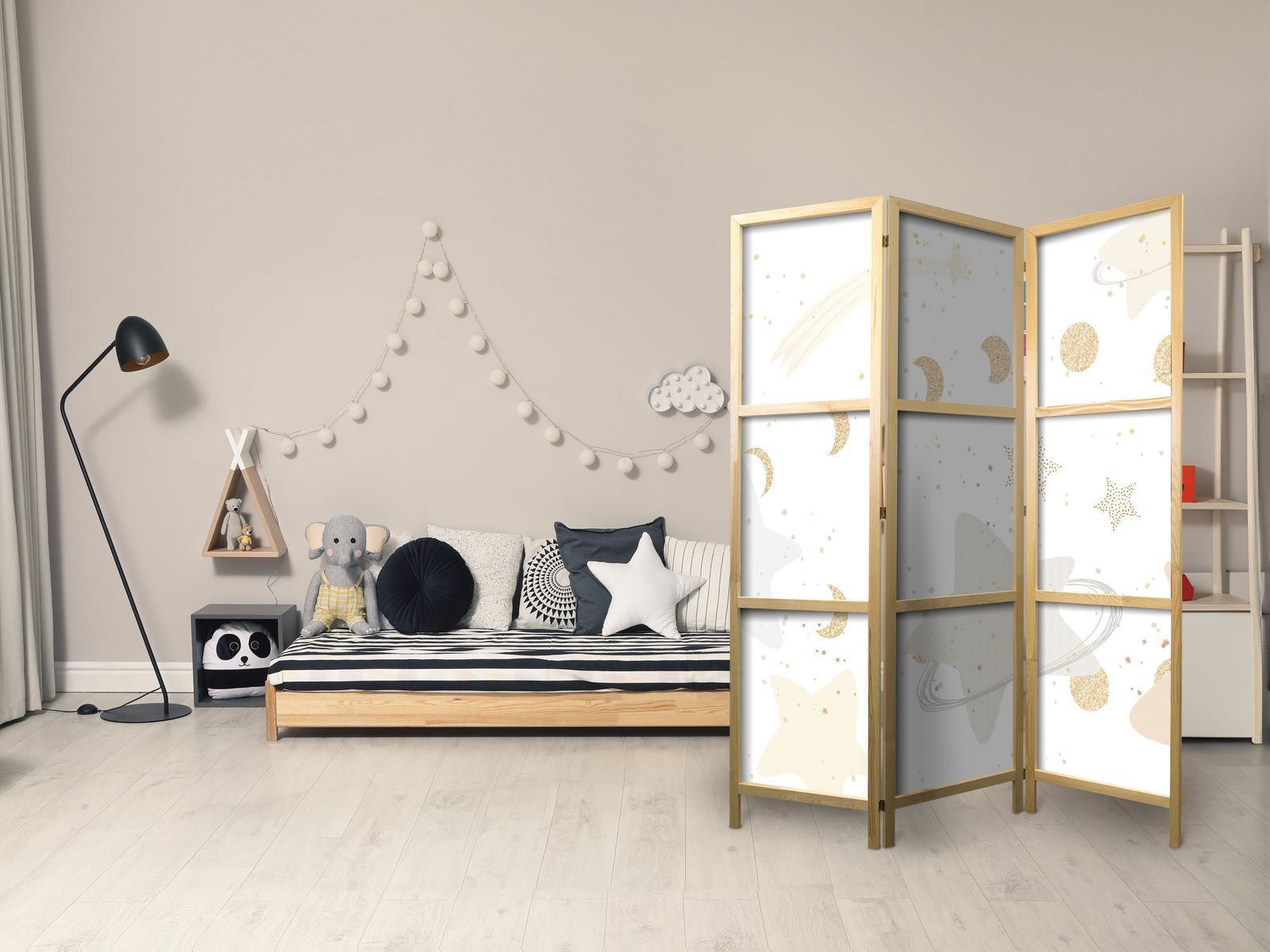 Japanischer Paravent - Fairy-Tale Galaxy - Moon Phases in Shades of Yellow Among Stars in Beige and Ash Colors with Stardust Artgeist