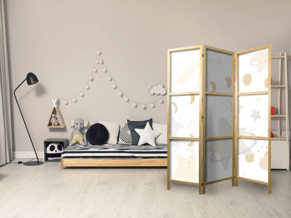 Japanischer Paravent - Fairy-Tale Galaxy - Moon Phases in Shades of Yellow Among Stars in Beige and Ash Colors with Stardust Artgeist