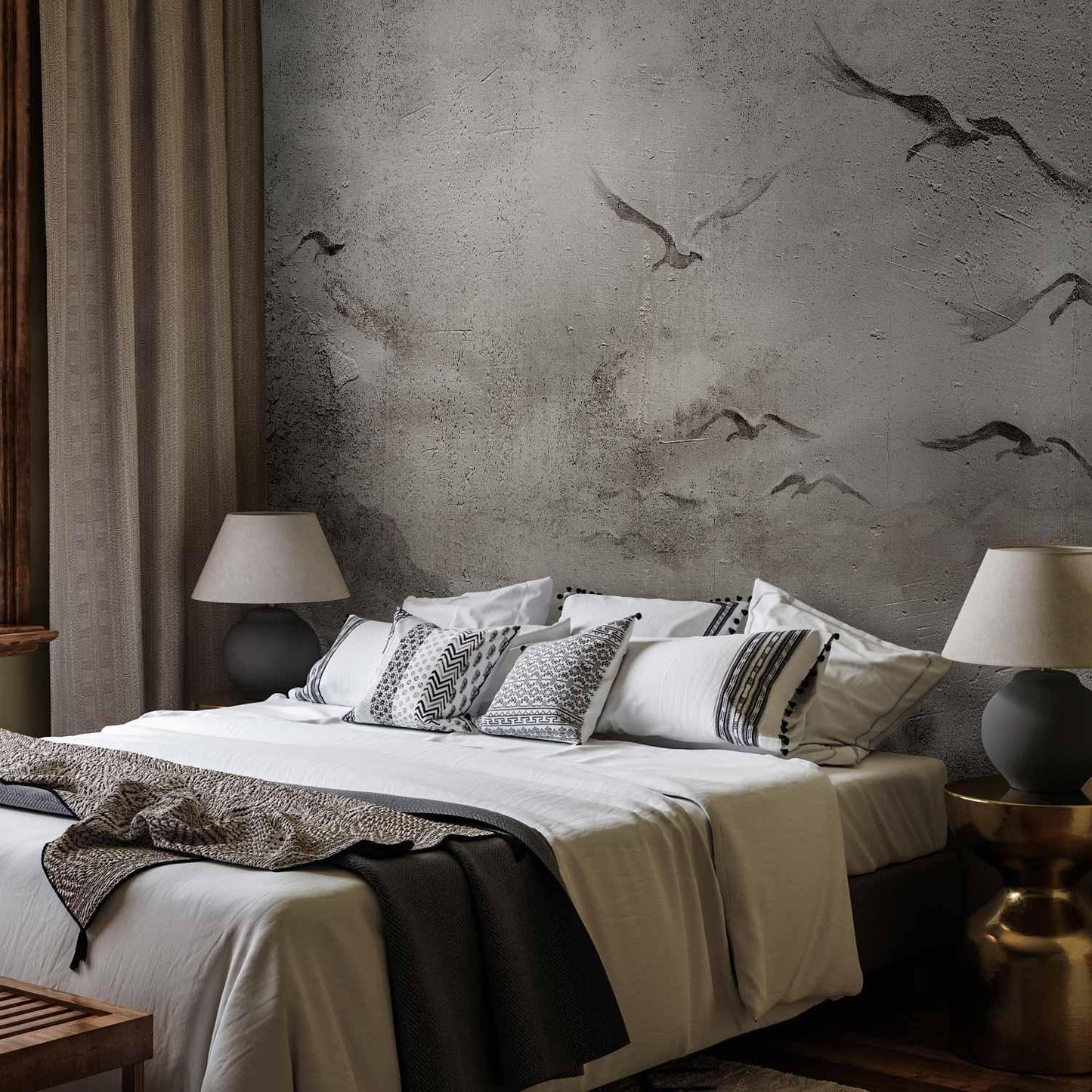 Fototapete - Swan flight - abstract landscape of birds over a lake with texture