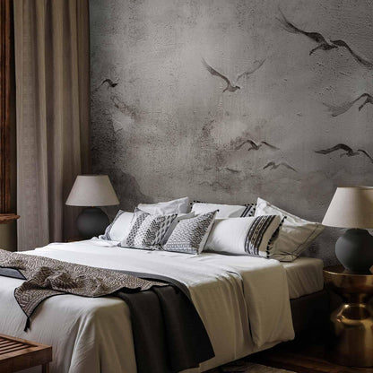 Fototapete - Swan flight - abstract landscape of birds over a lake with texture