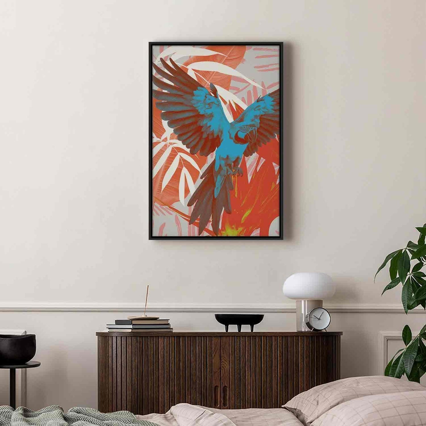 Leinwandbild - Exotic Wings - Parrot Among Abstract Leaf Patterns Artgeist