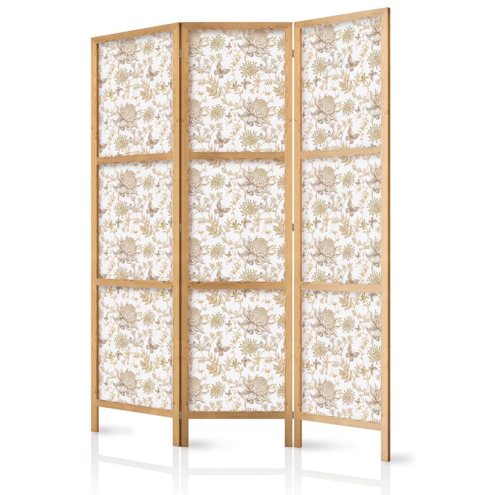 Japanischer Paravent - Beige Shades of Nature - Flowers and Butterflies on a White Background - Illustration Artgeist