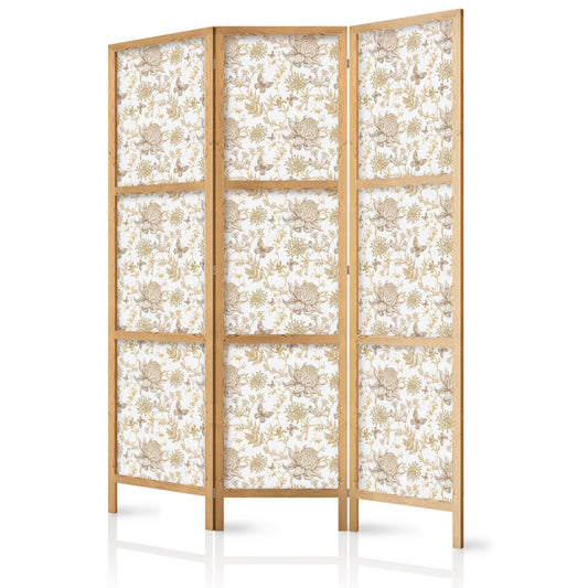 Japanischer Paravent - Beige Shades of Nature - Flowers and Butterflies on a White Background - Illustration Artgeist