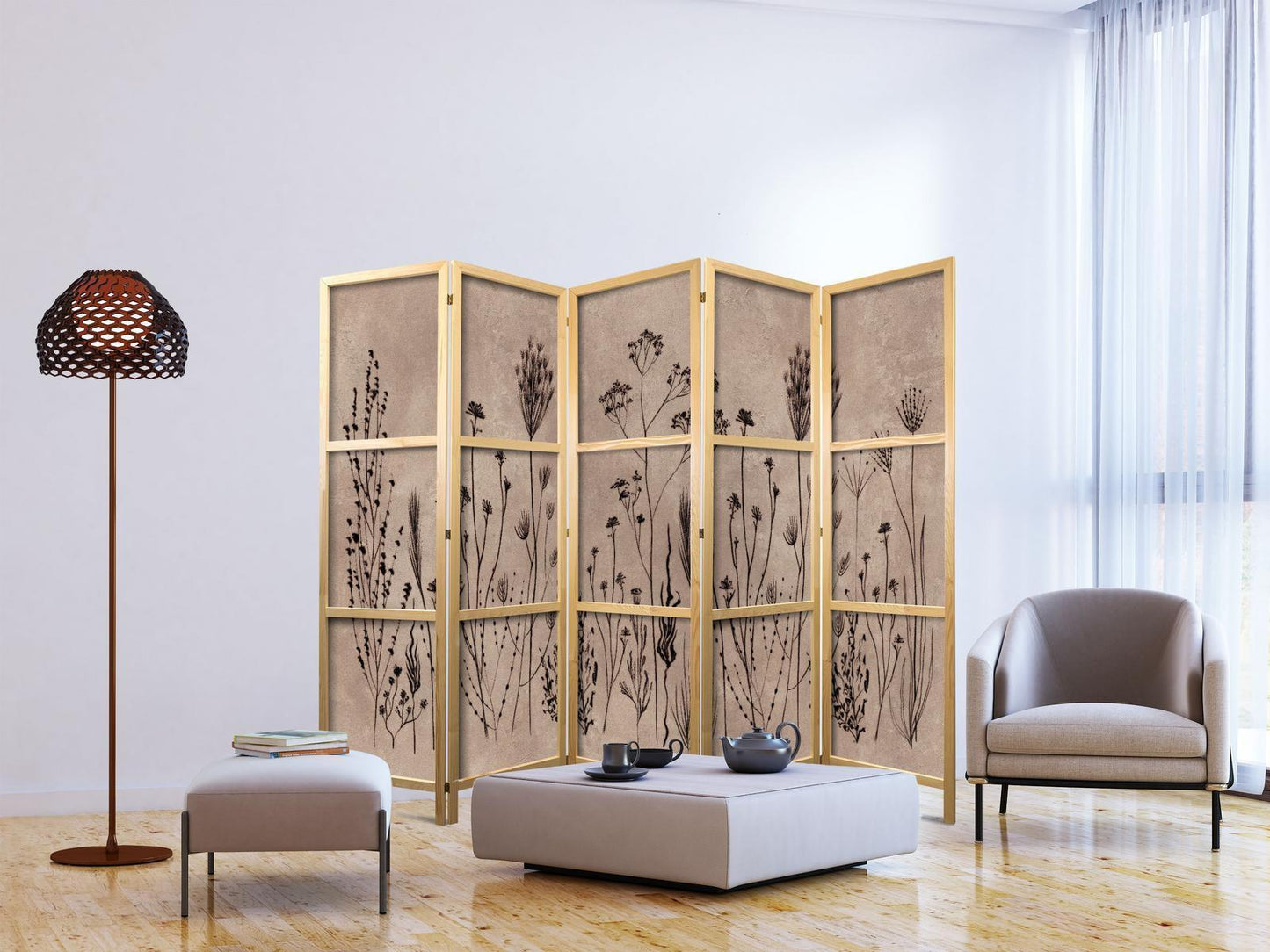 Japanischer Paravent - Plant Vintage - Delicate Field Flowers on a Background in Lime Wash Technique