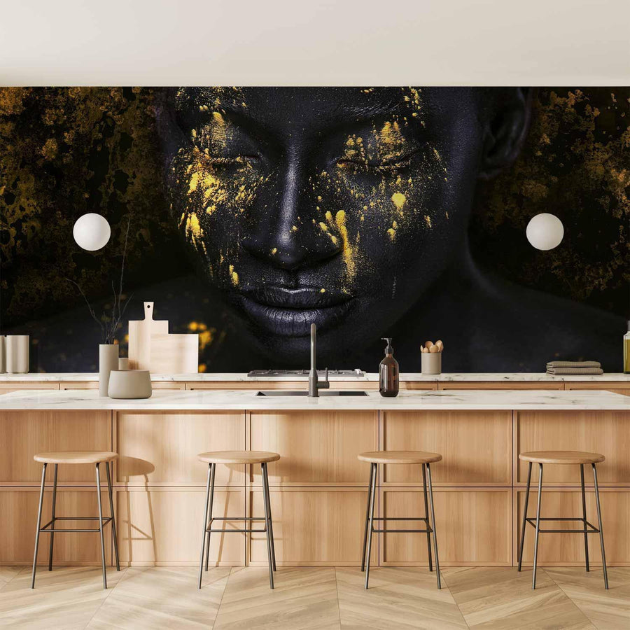 Decorative wall mural featuring a striking gold-themed design in a modern kitchen setting.