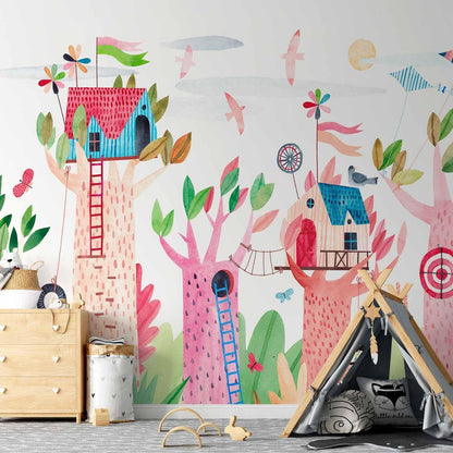 Fototapete - Painted tree houses - a colourful fantasy with kites for children Artgeist