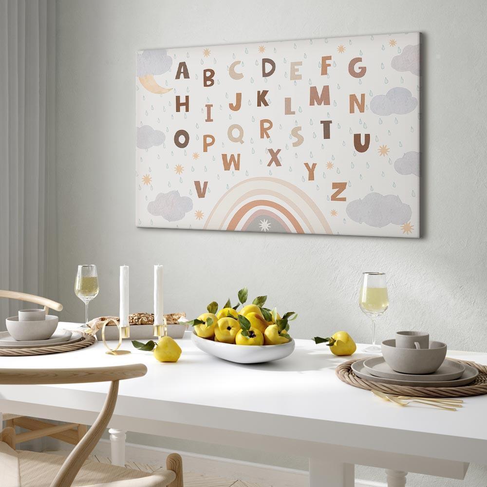 Leinwandbild - Letters Above the Rainbow - Letters Among Streams of Rain and Clouds with a Rainbow Moon and Stars on a Light Background