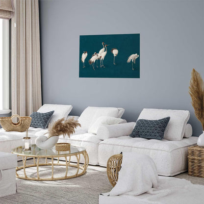 Poster - Evening at the Pond - group of cranes drawn in dry pastel on a dark turquoise background Artgeist