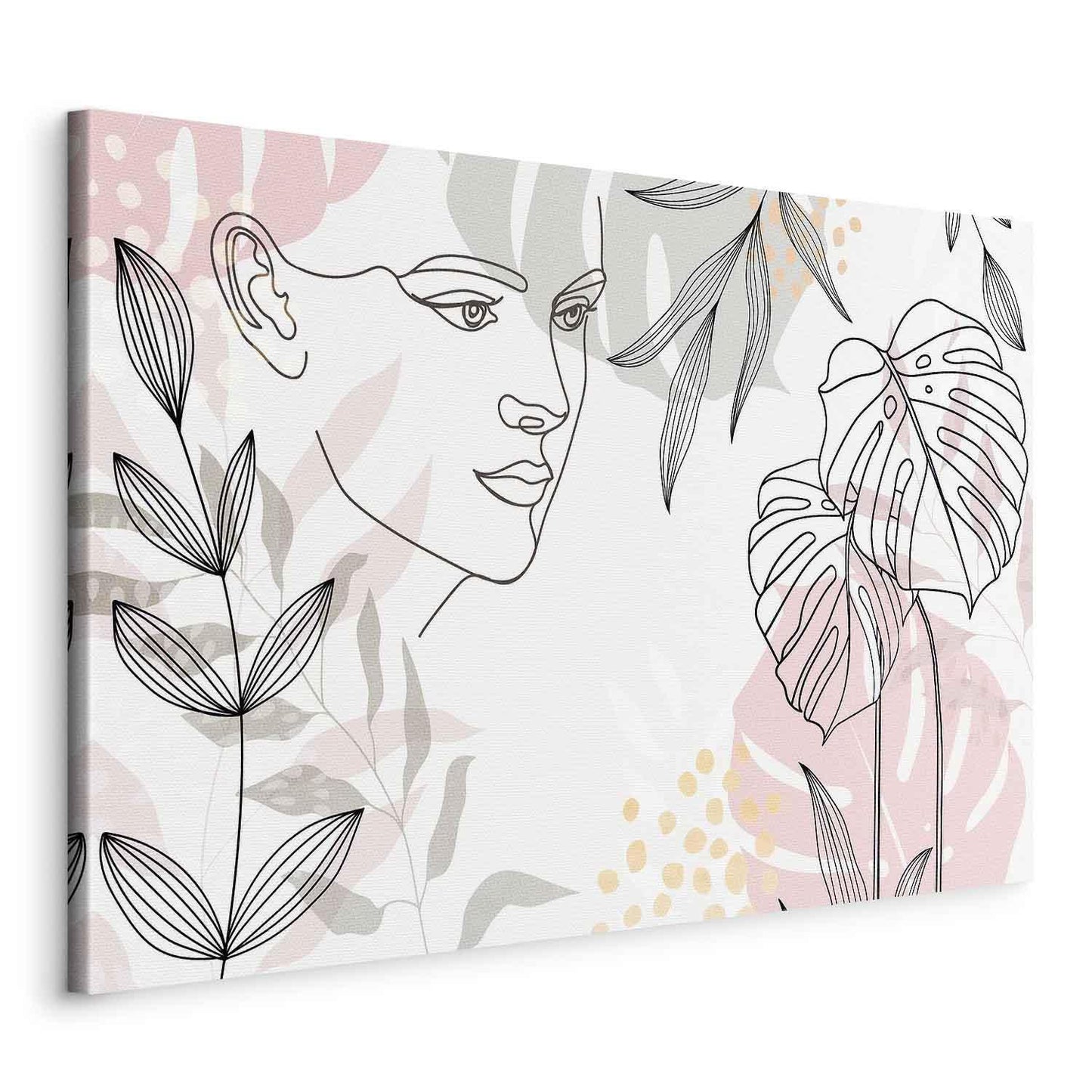 Leinwandbild Frau mit Monstera Blättern – Moderne Line Art