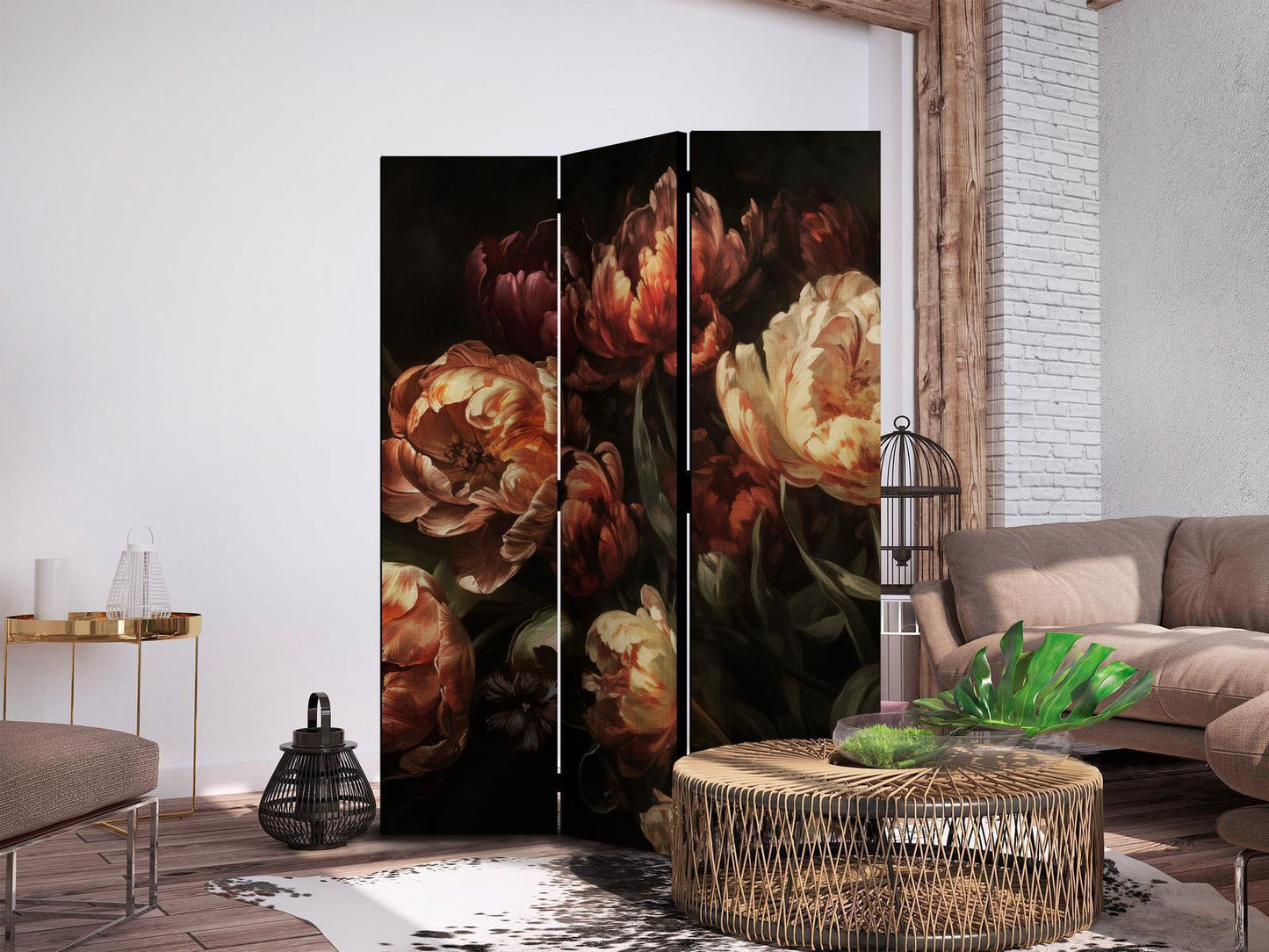 Paravent - Magnificent Tulips - Bouquet of Flowers in Red and White on a Black Background Artgeist