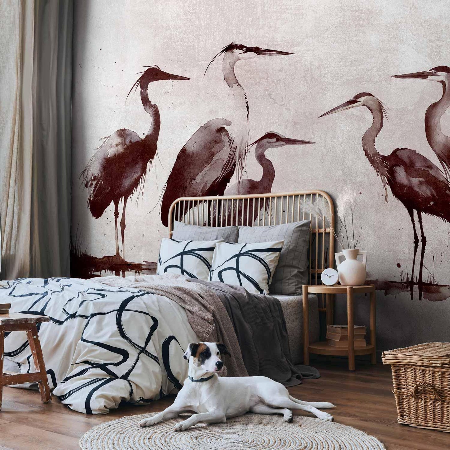 Fototapete Reiher in Tusche – Asiatische Kunst mit eleganten Vögeln