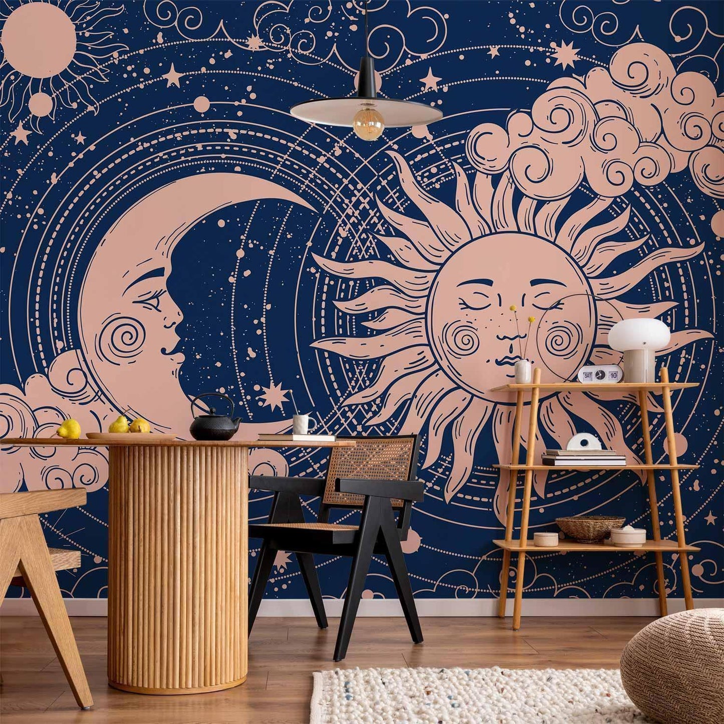 Fototapete - Cosmic Harmony - Illustration of the Sun and Moon on a Navy Background