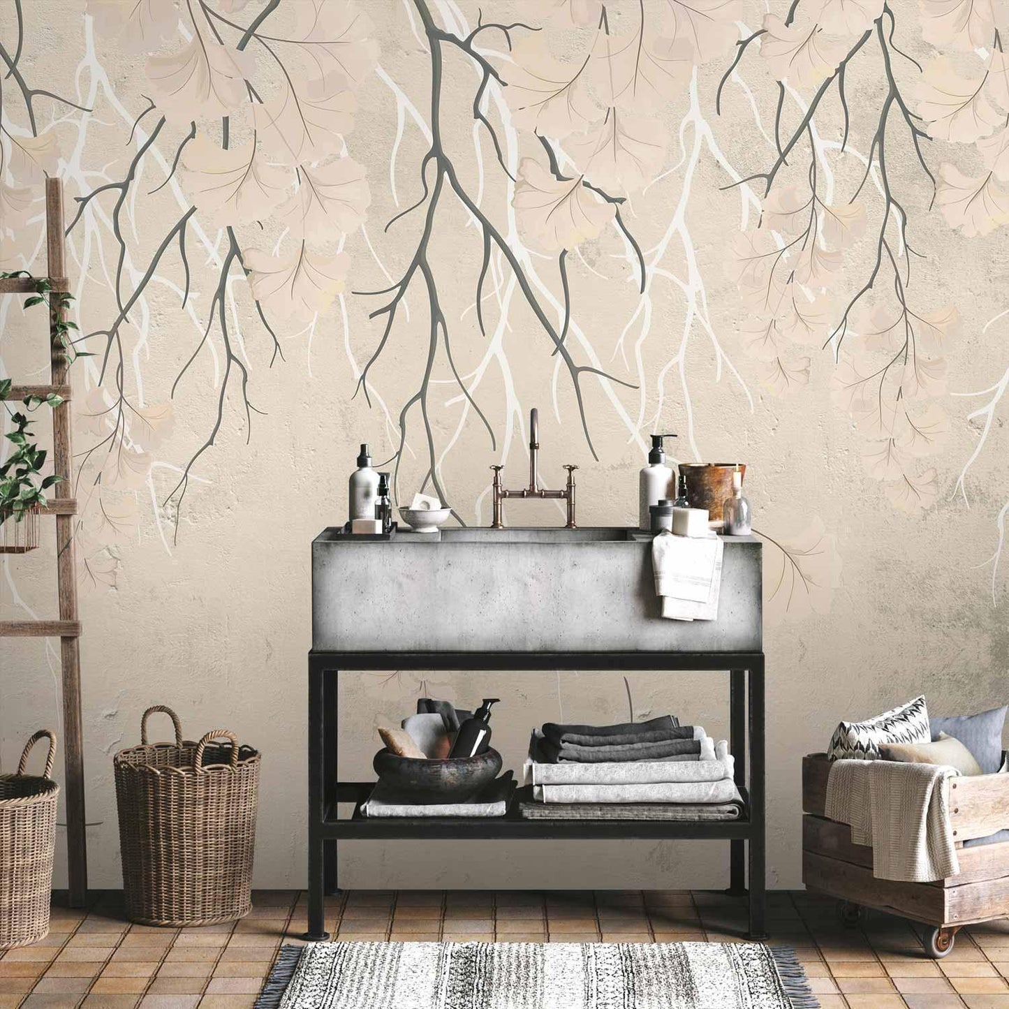 Fototapete - Abstract falling leaves - subtle nature motif with branches