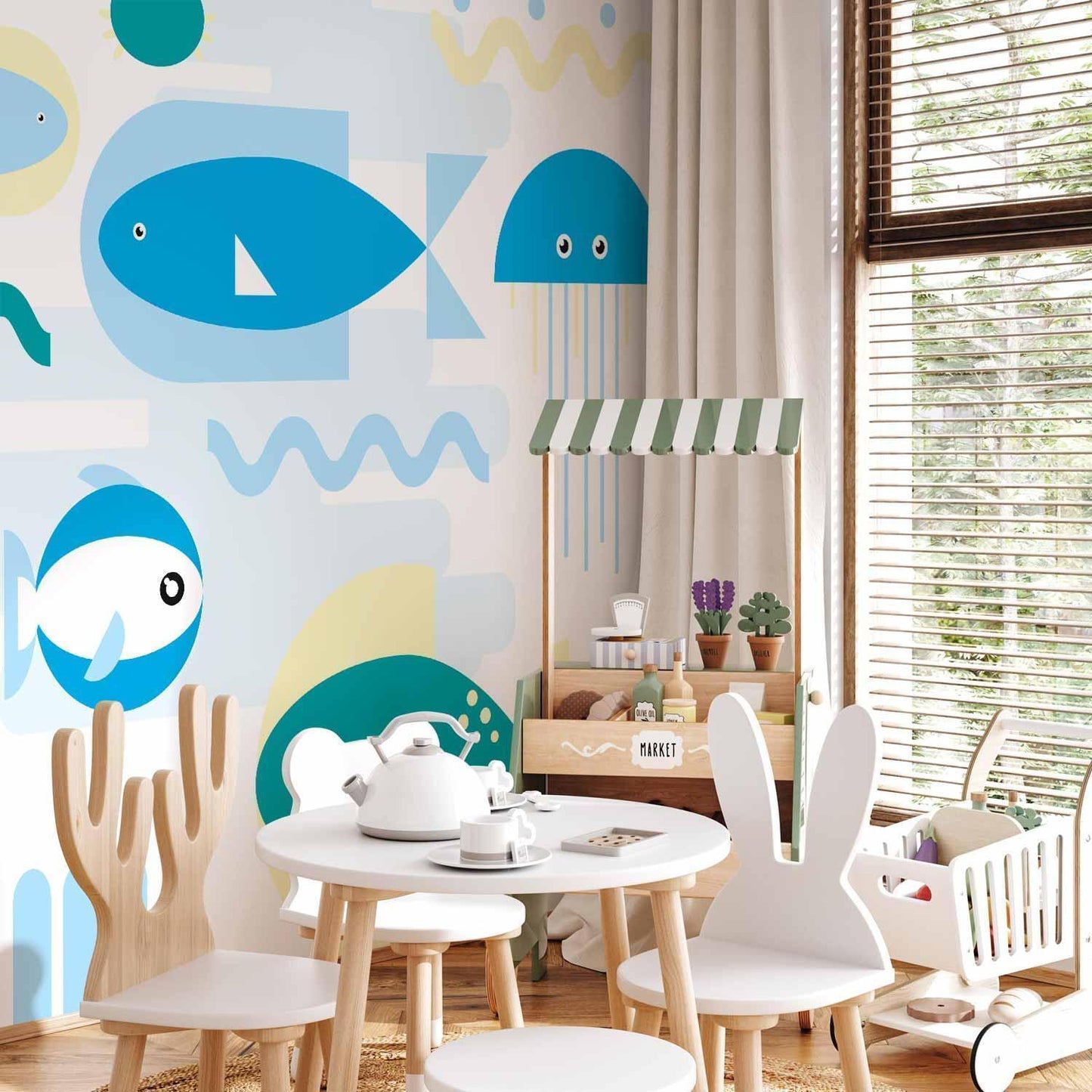 Fototapete - Animals in the sea - geometric blue fish in water for kids